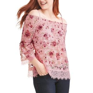 Pink Floral Printed Cold Shoulder w/ Lace Trim Blouse - Like New